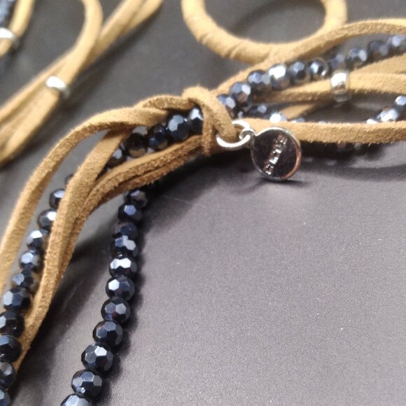 Chico's Black AB Crystal Beads with tan Leather Necklace Lariate - Picture 3 of 7